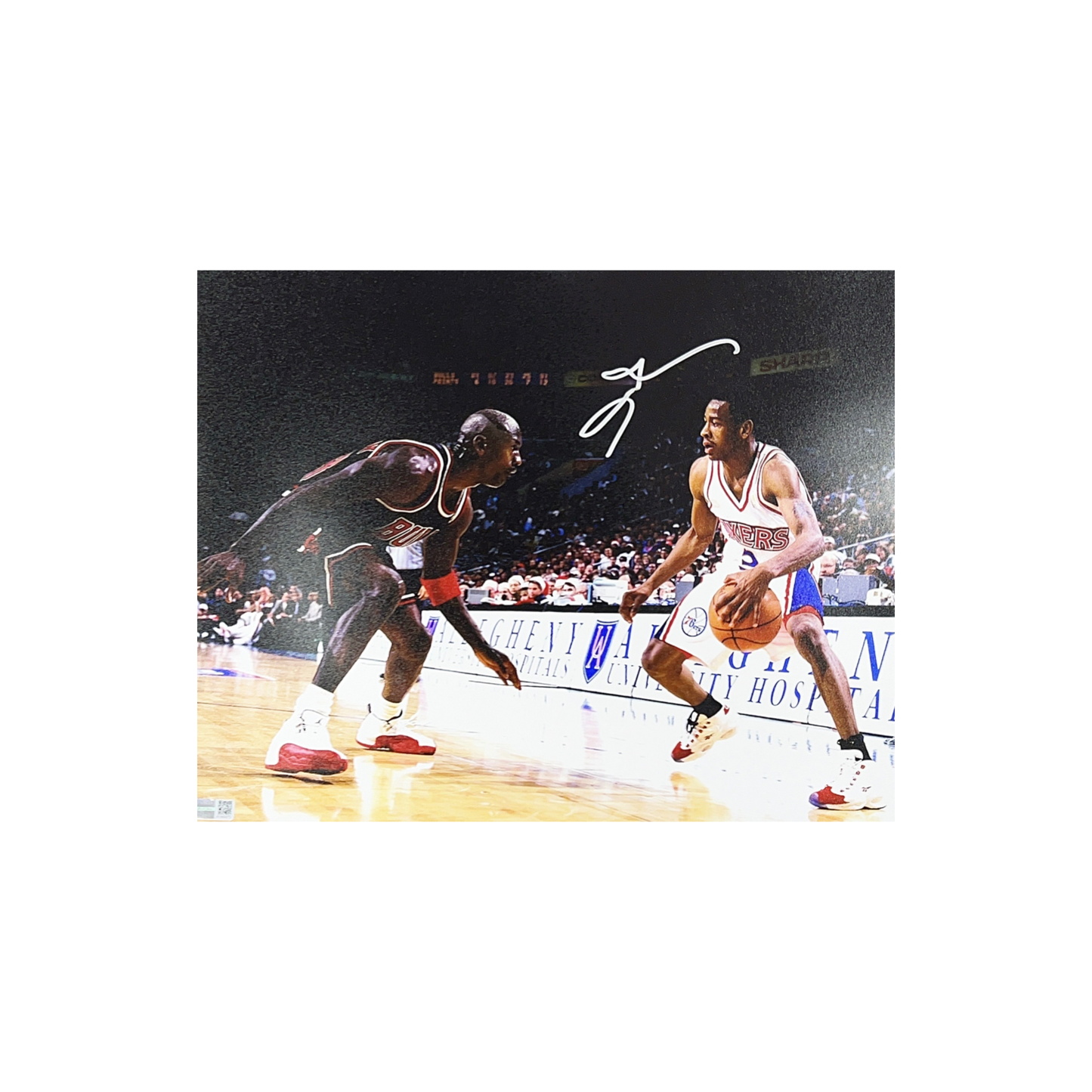 Allen Iverson Autographed Philadelphia 76ers vs Jordan 11x14 Steiner CX