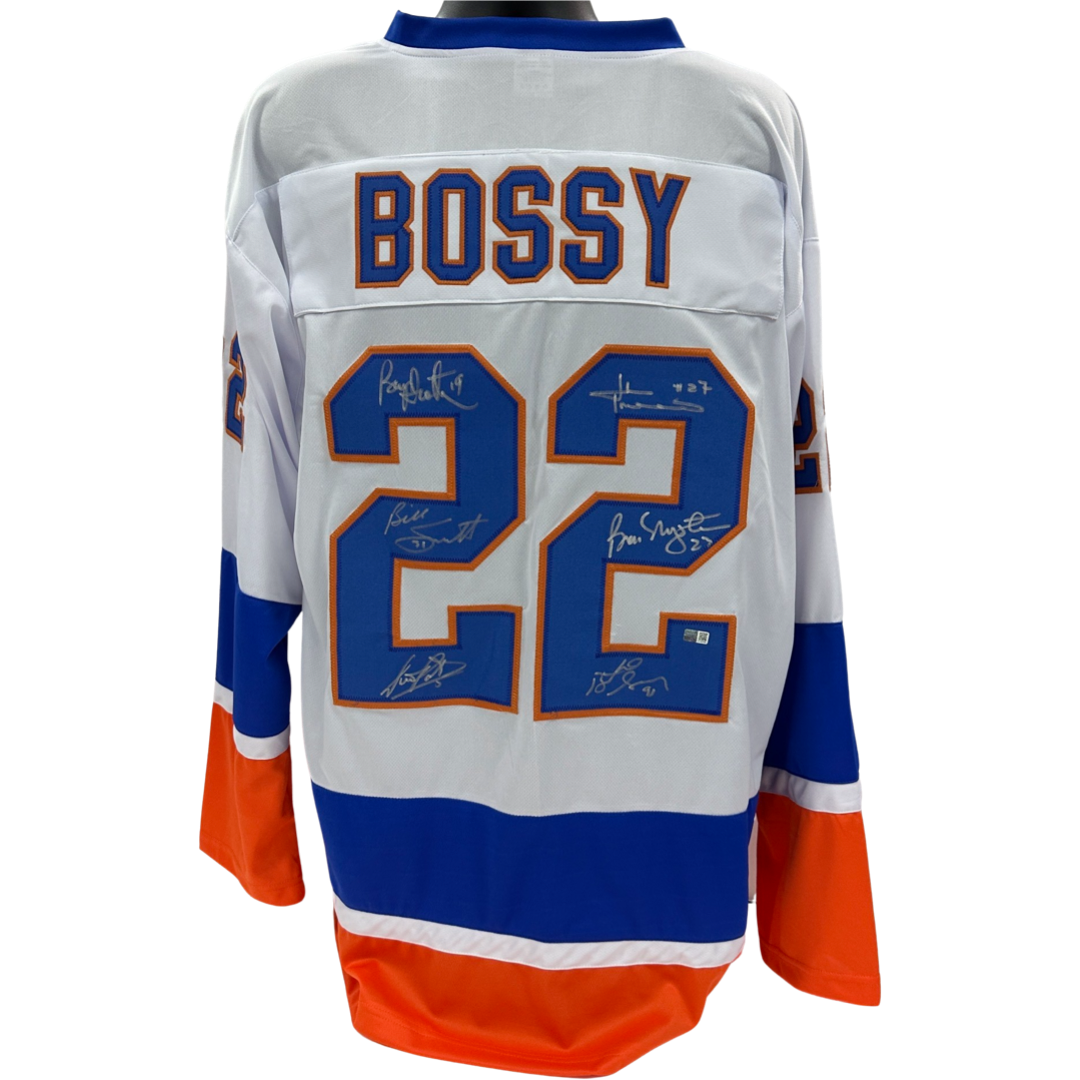 Billy Smith, Bryan Trottier, Denis Potvin, Bob Nystrom, Butch Goring & John Tonelli Autographed Mike Bossy New York Islanders White Jersey Steiner CX