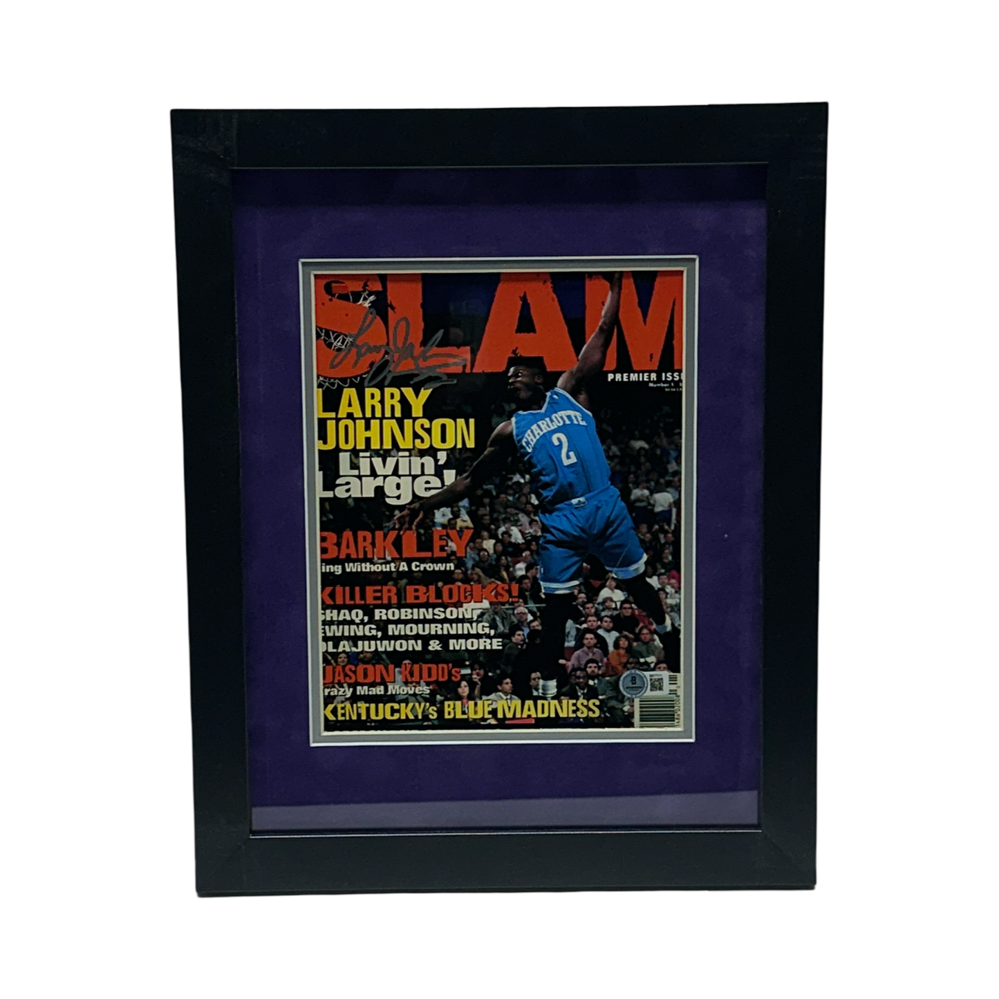 Larry Johnson Autographed Charlotte Hornets Slam Magazine Vertical 8x10 Beckett - Framed