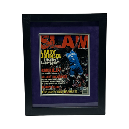 Larry Johnson Autographed Charlotte Hornets Slam Magazine Vertical 8x10 Beckett - Framed