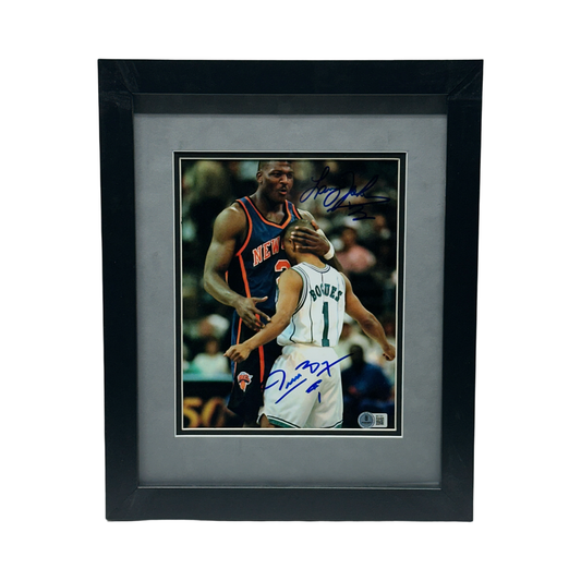 Larry Johnson & Muggsy Bogues Autographed Knicks Hornets LJ Hugging Muggsy 8x10 Beckett - Framed