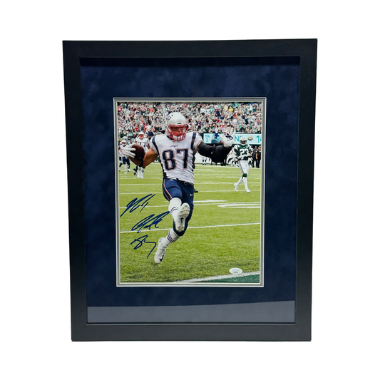 Rob Gronkowski Autographed New England Patriots White Jersey Vertical 11x14 JSA - Framed