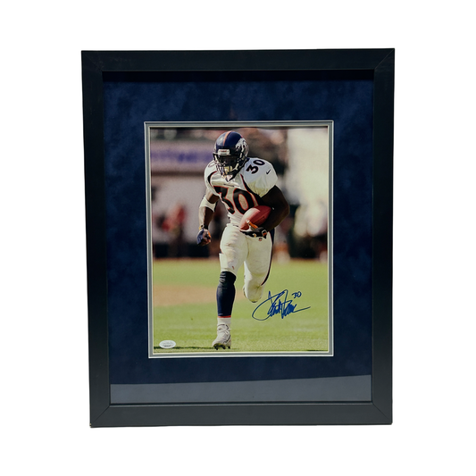 Terrell Davis Autographed Denver Broncos Running White Jersey 11x14 JSA - Framed