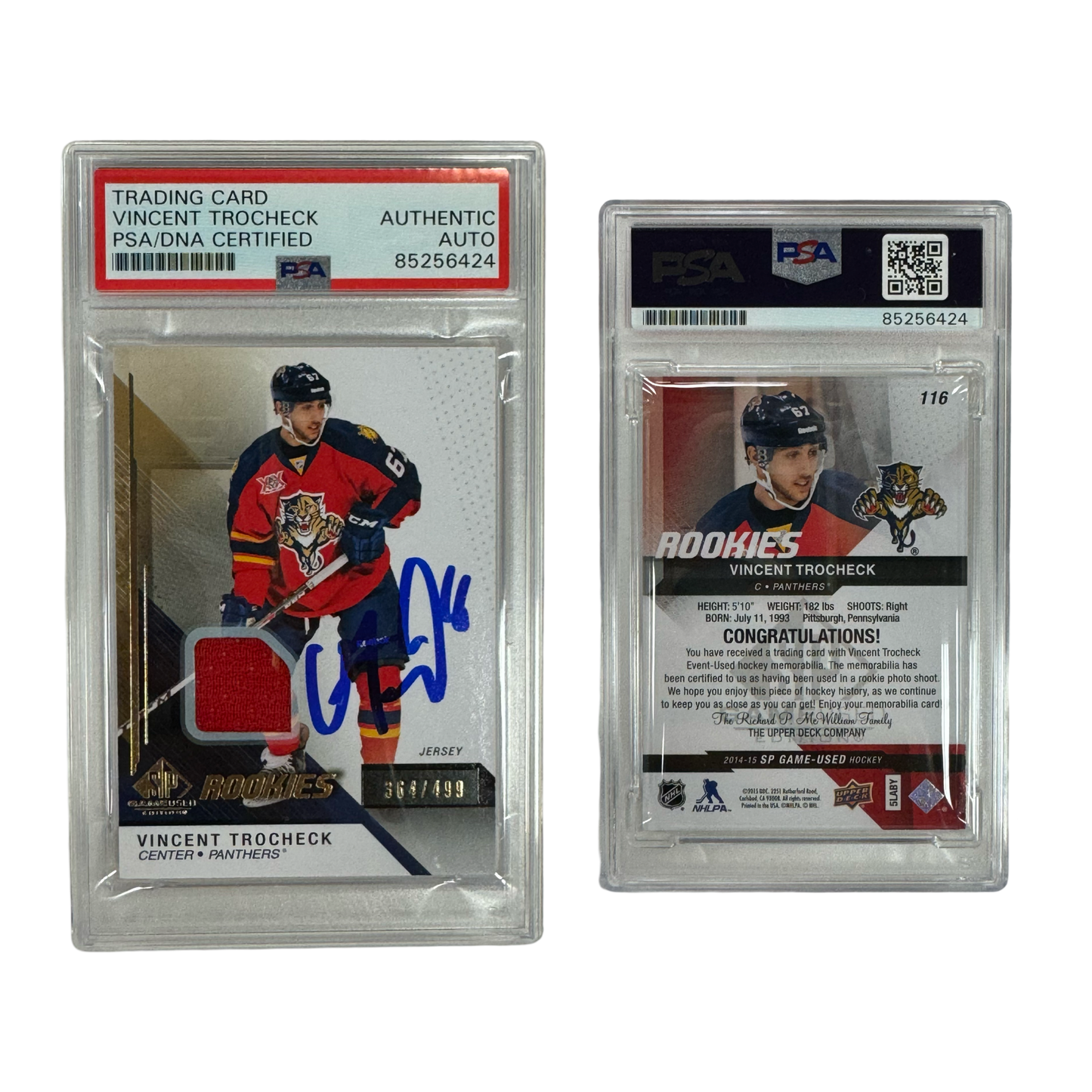 2014-15 Vincent Trocheck Autographed Upper Deck SP Game Used Red Jersey Rookies /499 #116 PSA Auto Authentic