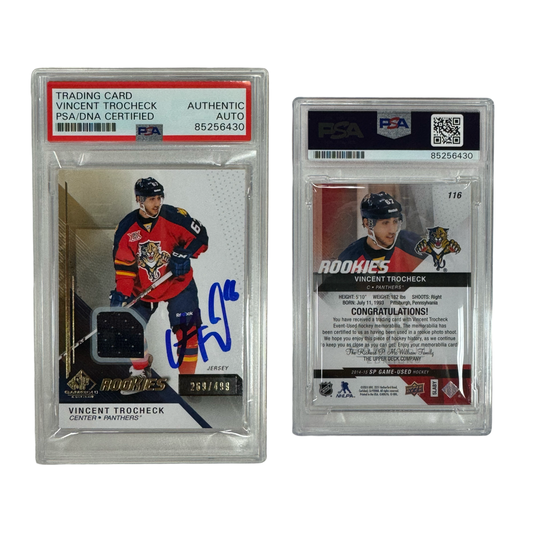 2014-15 Vincent Trocheck Autographed Upper Deck SP Game Used Blue Jersey Rookies /499 #116 PSA Auto Authentic