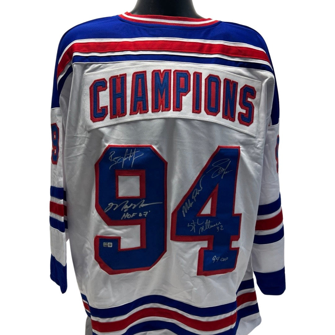Mark Messier, Mike Richter, Brian Leetch, Adam Graves & Stephane Matteau Autographed New York Rangers White 1994 Stanley Cup Champions Jersey HOF 07, 94 Cup Inscriptions Steiner CX