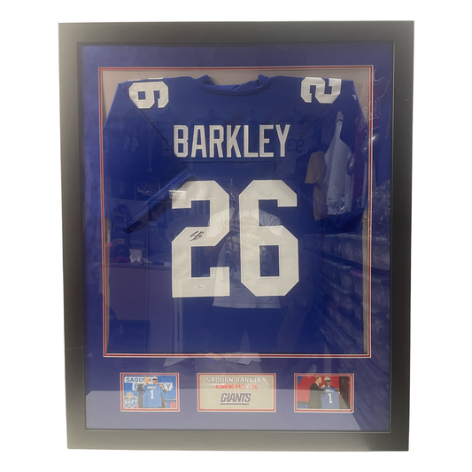 Saquon Barkley Autographed New York Giants Framed Blue Jersey JSA