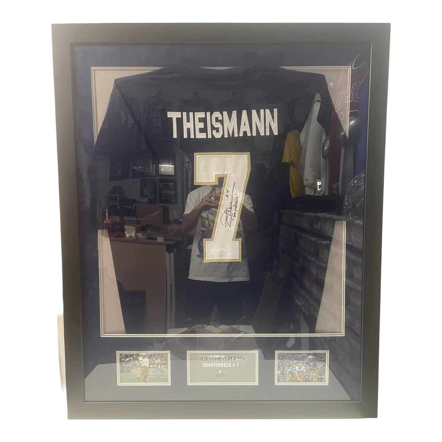 Joe Theismann Autographed Notre Dame Fighting Irish Framed Navy Jersey JSA