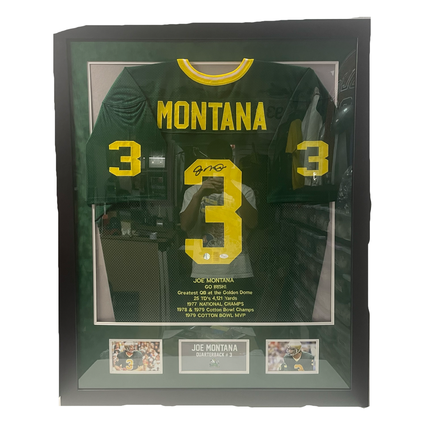 Joe Montana Autographed Notre Dame Fighting Irish Framed Green Jersey JSA