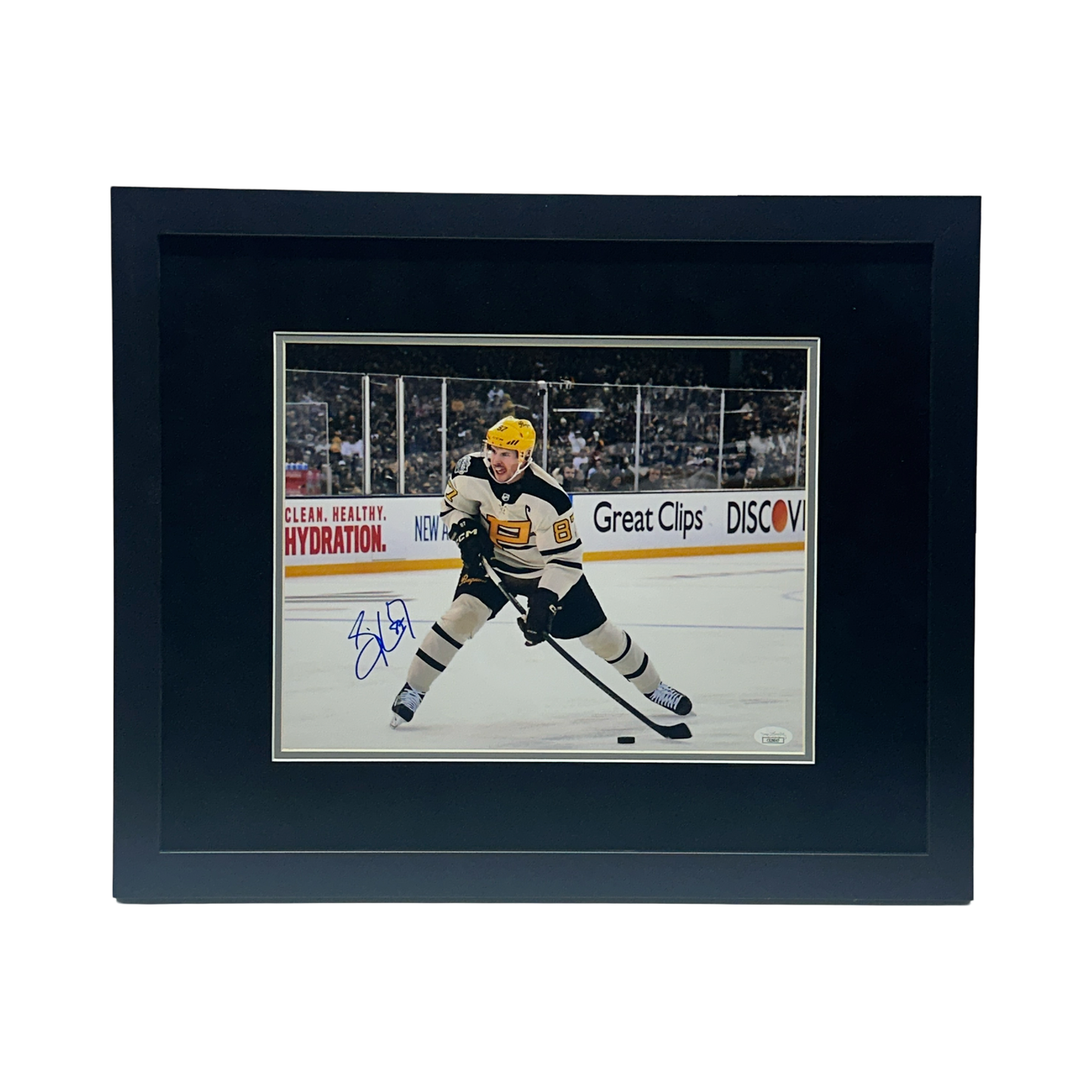 Sidney Crosby Autographed Pittsburg Penguins White Jersey Stick on Ice Horizontal 11x14 JSA - Framed