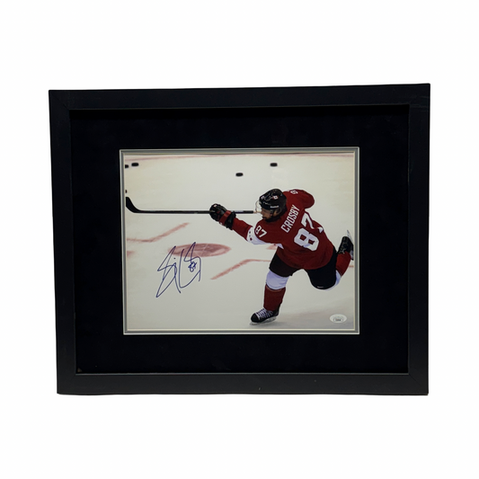Sidney Crosby Autographed Pittsburg Penguins Red Jersey Slapshot 11x14 JSA - Framed
