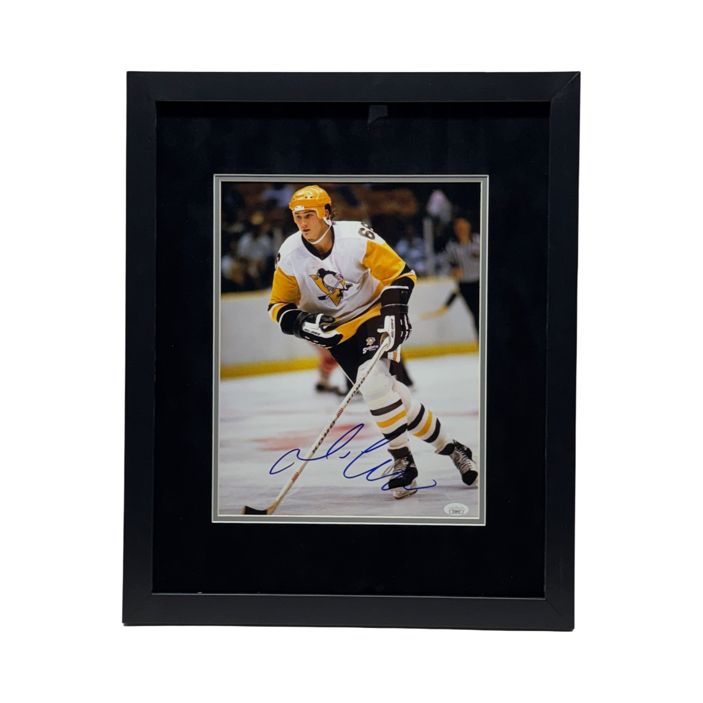 Mario Lemieux Autographed Pittsburg Penguins White Jersey Stick on Ice Vertical 11x14 JSA - Framed