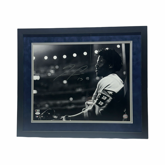 Ronald Acuna Jr Autographed Atlanta Braves Black & White Sitting 16x20 JSA - Framed