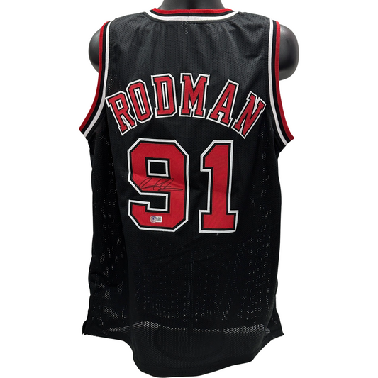 Dennis Rodman Chicago Bulls Autographed Black and Red Pinstripe