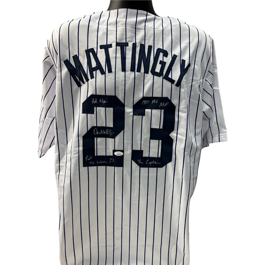Don Mattingly Autographed New York Yankees Pinstripe Jersey “Hit Man, Last to Wear #23, 1985 AL MVP, The Captain” Inscriptions JSA