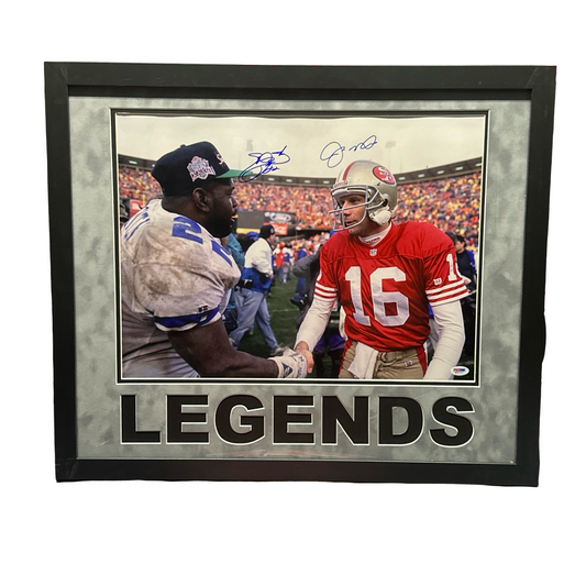Joe Montana & Emmit Smith Autographed San Fransisco 49er's Dallas Cowboys Legends 16x20 PSA - Framed