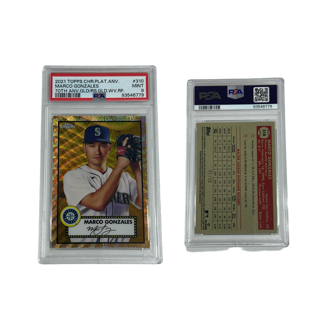 2021 Marco Gonzales Topps Chrome 70th Anniversary /50 Gold Wave #310 PSA MINT 9
