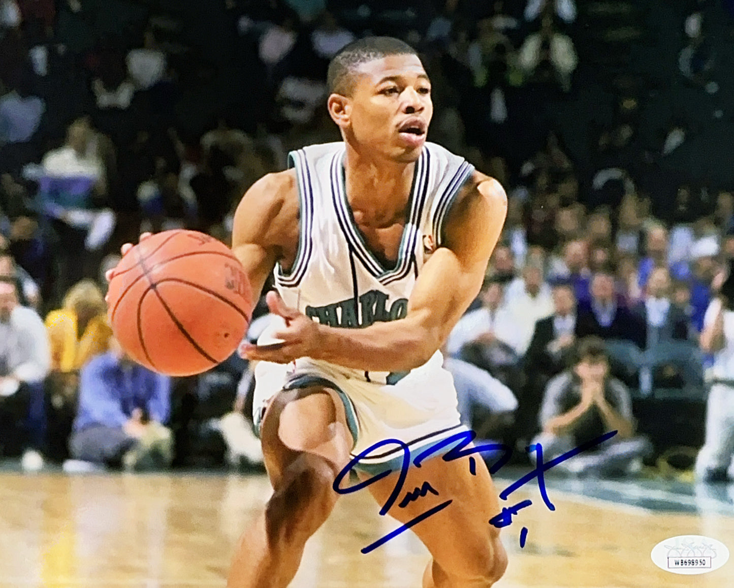 Muggsy Bogues Charlotte White Jersey Pass Autographed 8x10 JSA