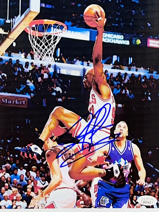 Dennis Rodman Autographed Chicago Bulls Vertical Rebound Side View 8x10 JSA - Unframed
