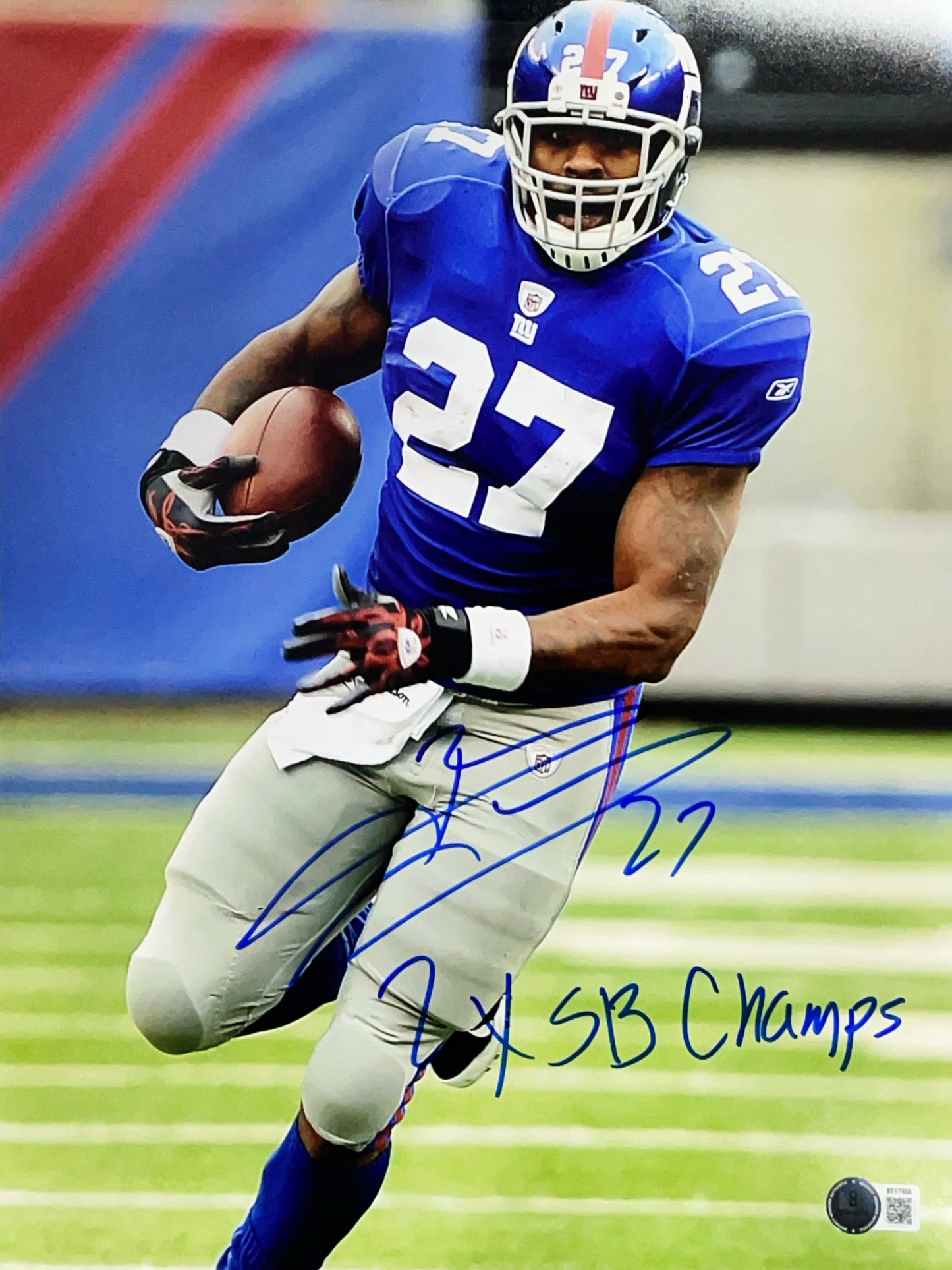 Brandon Jacobs Autographed New York Giants Inscribed "2x SB Champs" Vertical Run 11x14 Photo Beckett BAS