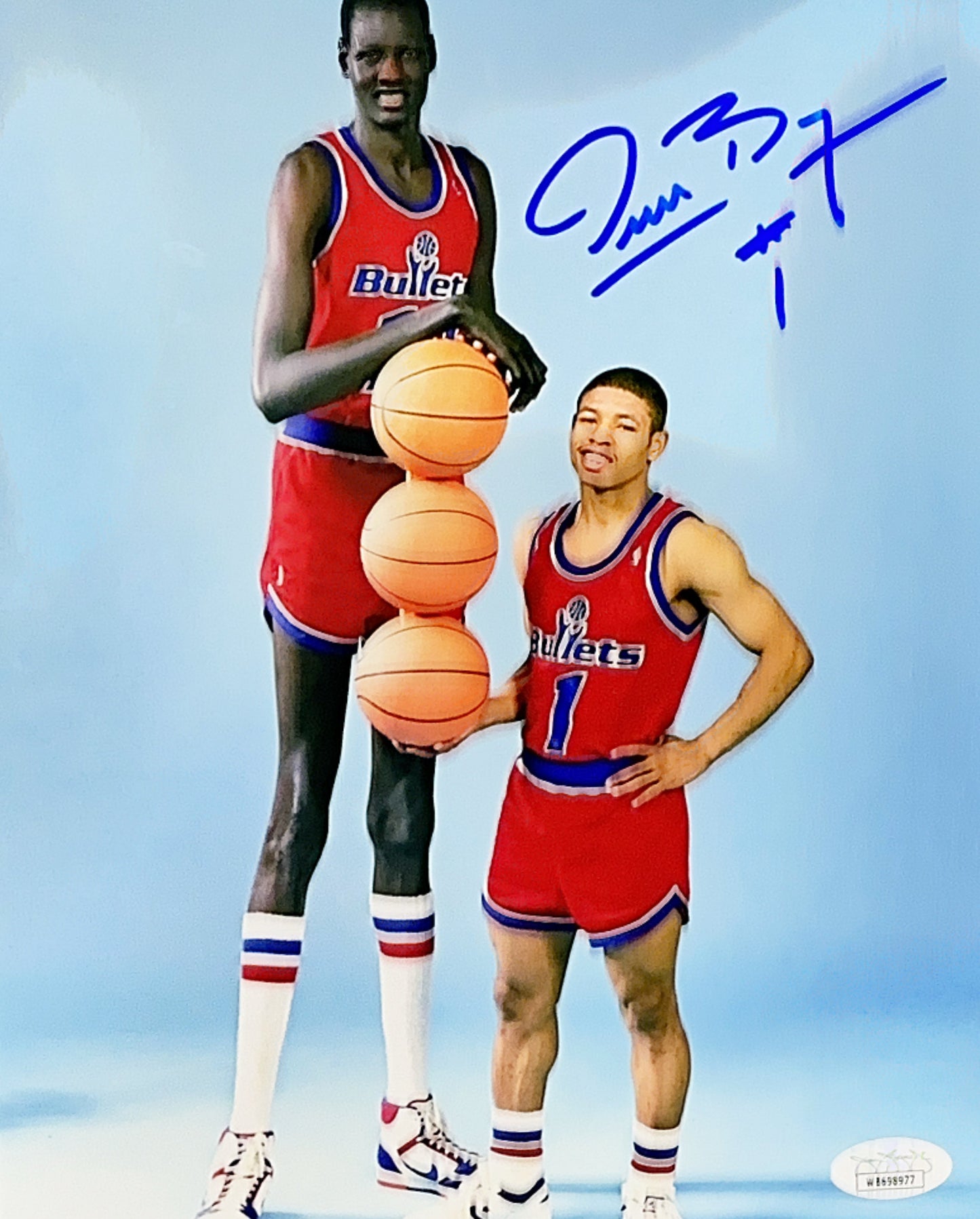 Muggsy Bogues Washington Bullets with Manute Bol Autographed 8x10 JSA