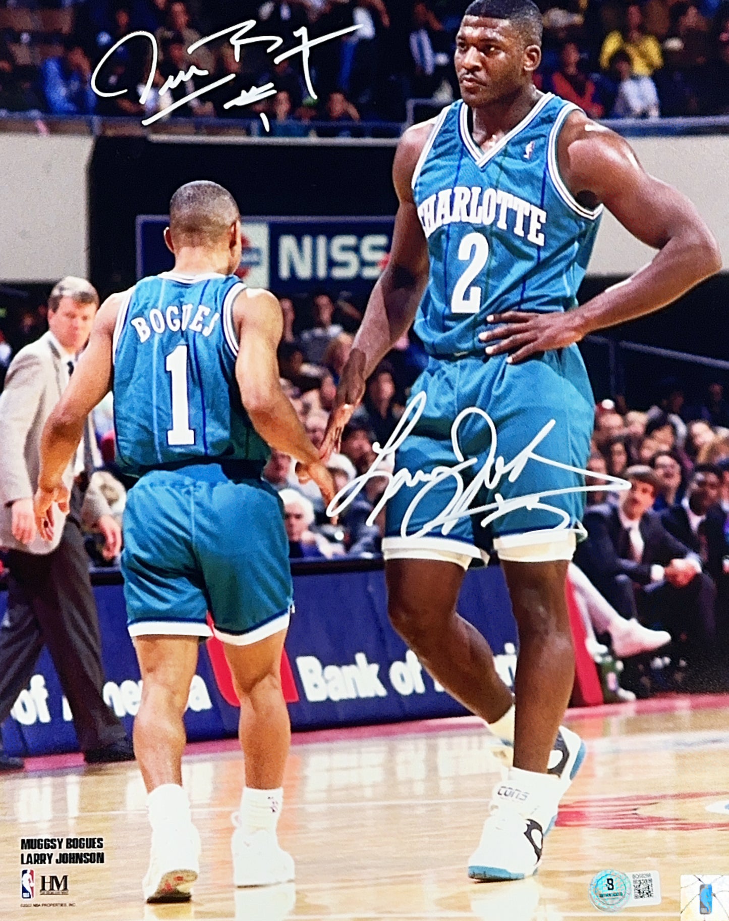 Larry Johnson & Muggsy Bogues Autographed Charlotte Hornets On Court Vertical 11x14 Beckett