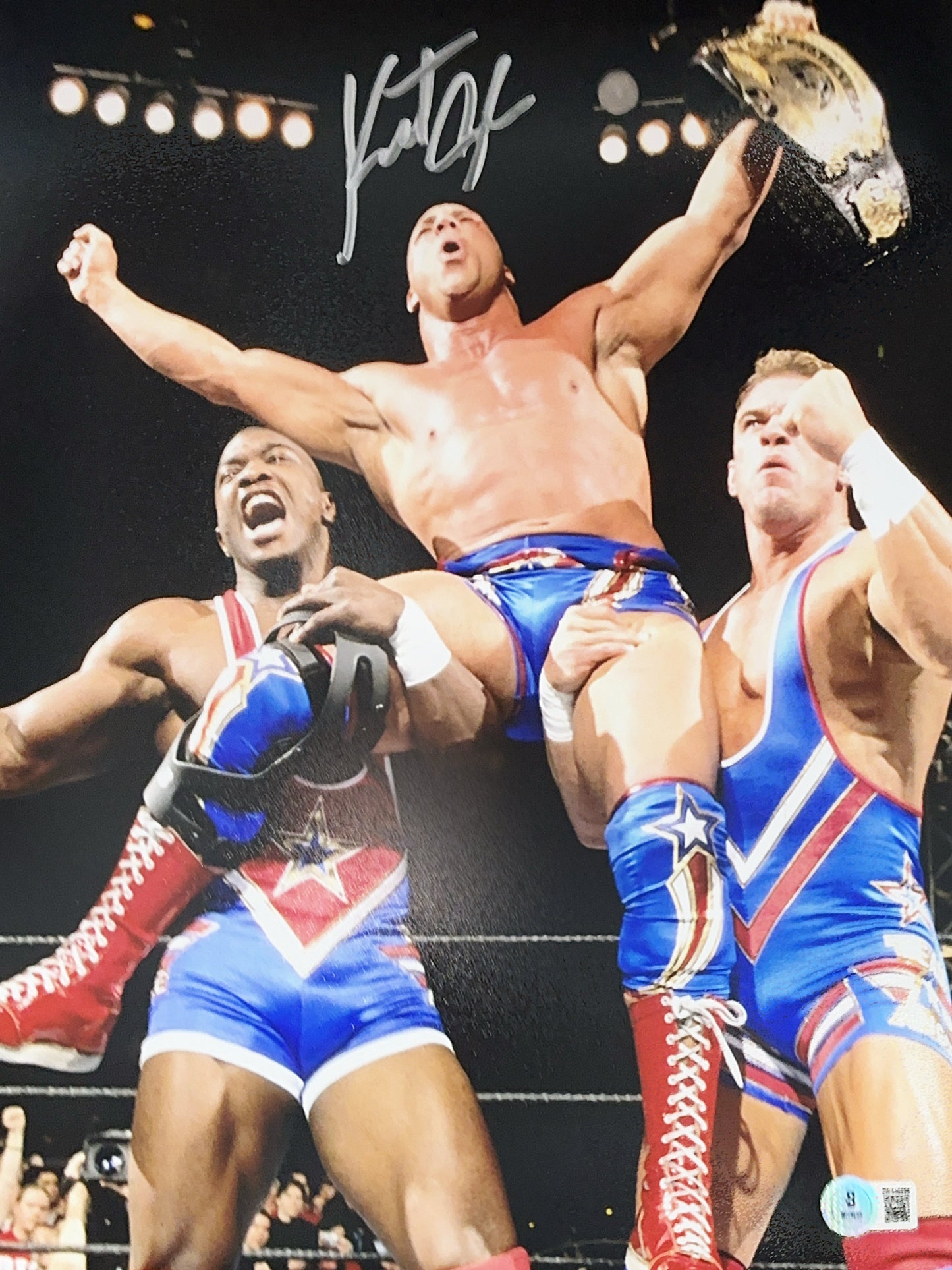 Kurt Angle Autographed Holding Championship with Team Angle 11x14 Beckett