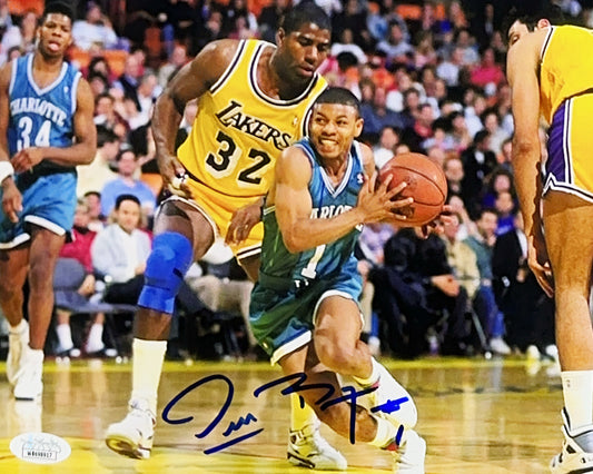 Muggsy Bogues Charlotte Hornets Vs Magic Johnson Autographed 8x10 JSA