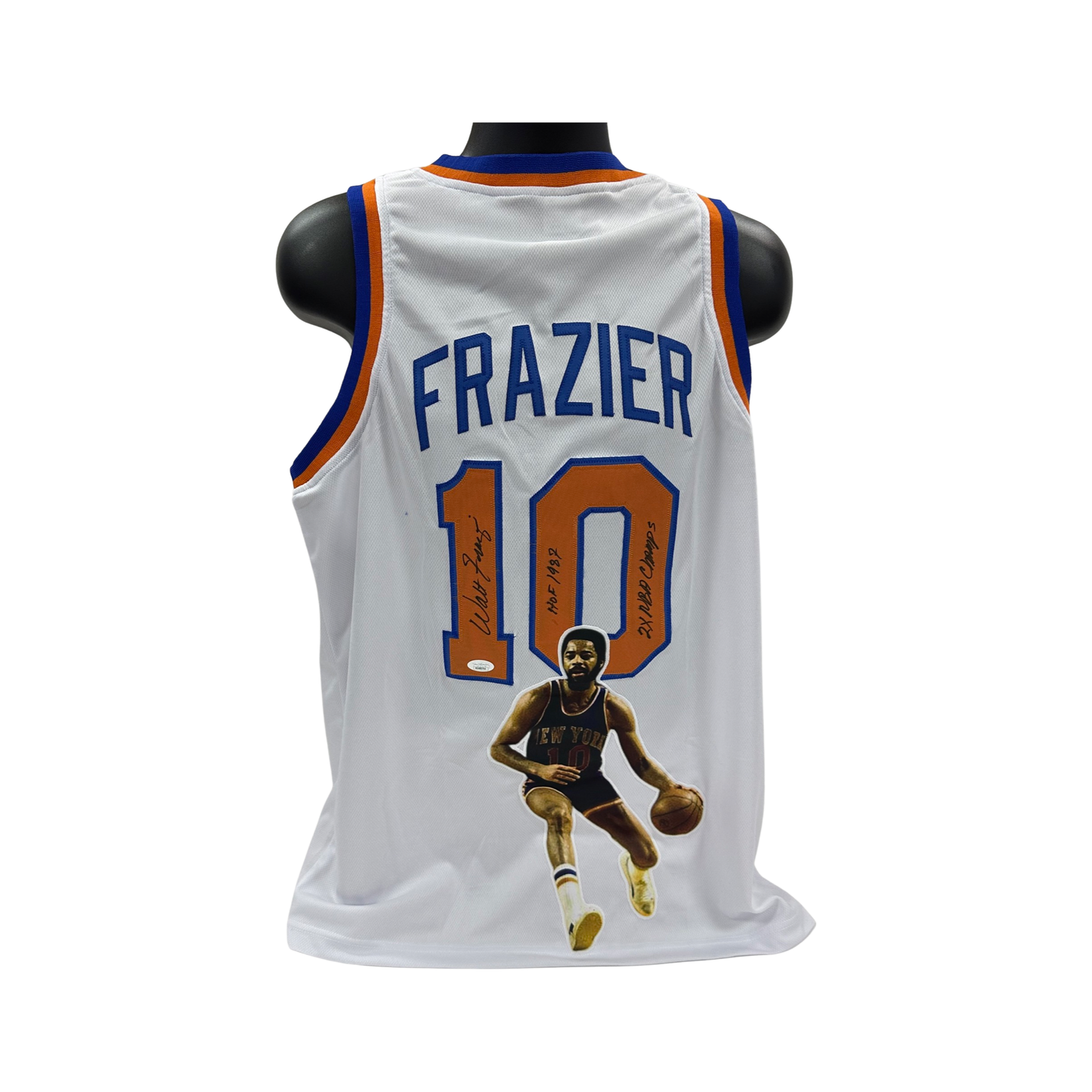 Walt Clyde Frazier Autographed New York Knicks White Art Inscribed Jersey JSA