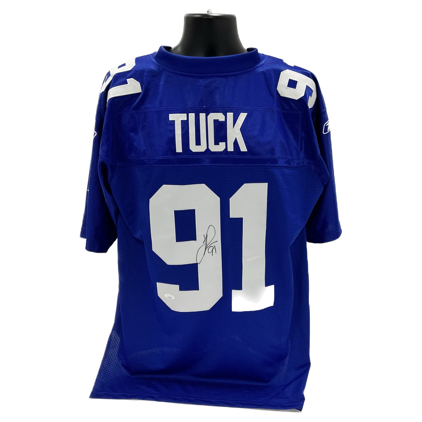 Justin Tuck Autographed New York Giants Blue Reebok Jersey JSA