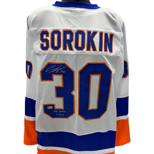 Ilya Sorokin Autographed New York Islanders White Jersey NHL Debut 1–16-21 Inscription Beckett