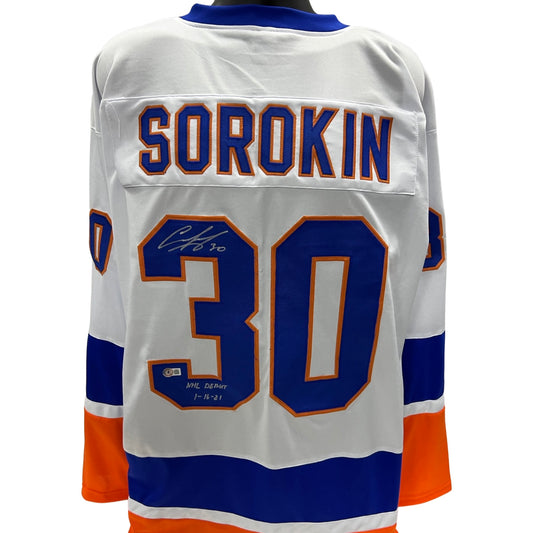 Ilya Sorokin Autographed New York Islanders White Jersey “NHL Debut 1–16-21” Inscription Beckett