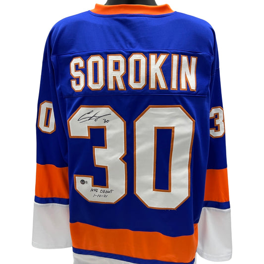 Ilya Sorokin Autographed New York Islanders Blue Jersey “NHL Debut 1–16-21” Inscription Beckett