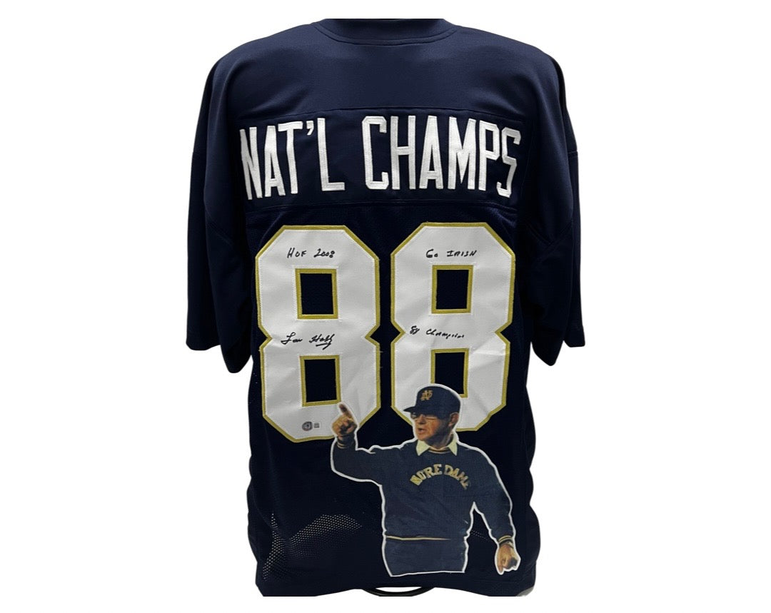 Lou Holtz Notre Dame Autographed Navy "Nat'l Champs #88" Art Stat Jersey Beckett