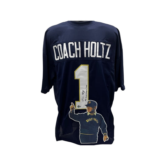 Lou Holtz Notre Dame Autographed Navy  "Coach Holtz #1" Art Jersey Inscribed  "Play like a champion today" Beckett