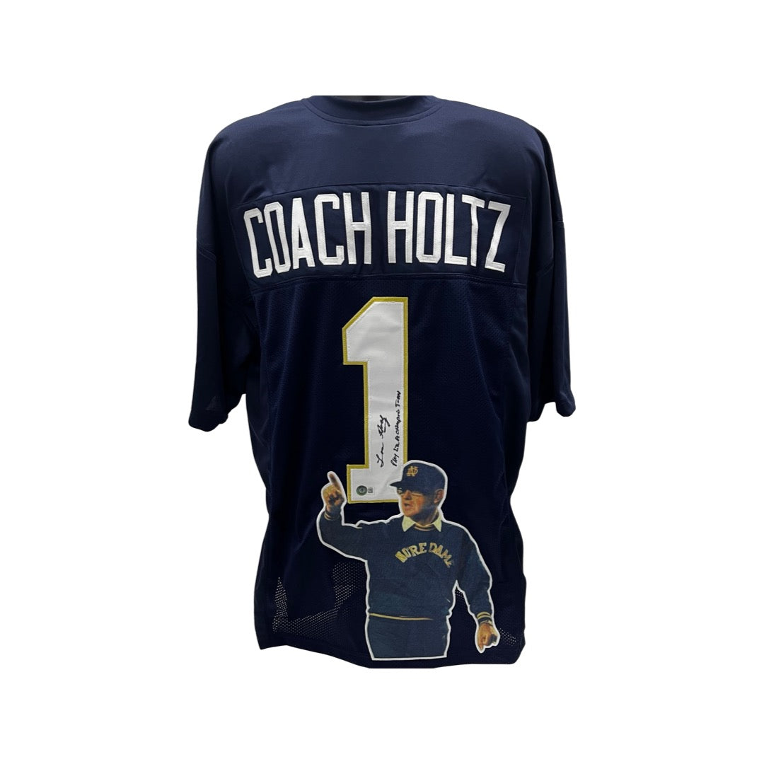 Lou Holtz Notre Dame Autographed Navy "Coach Holtz #1" Art Jersey Inscribed "Play like a champion today" Beckett