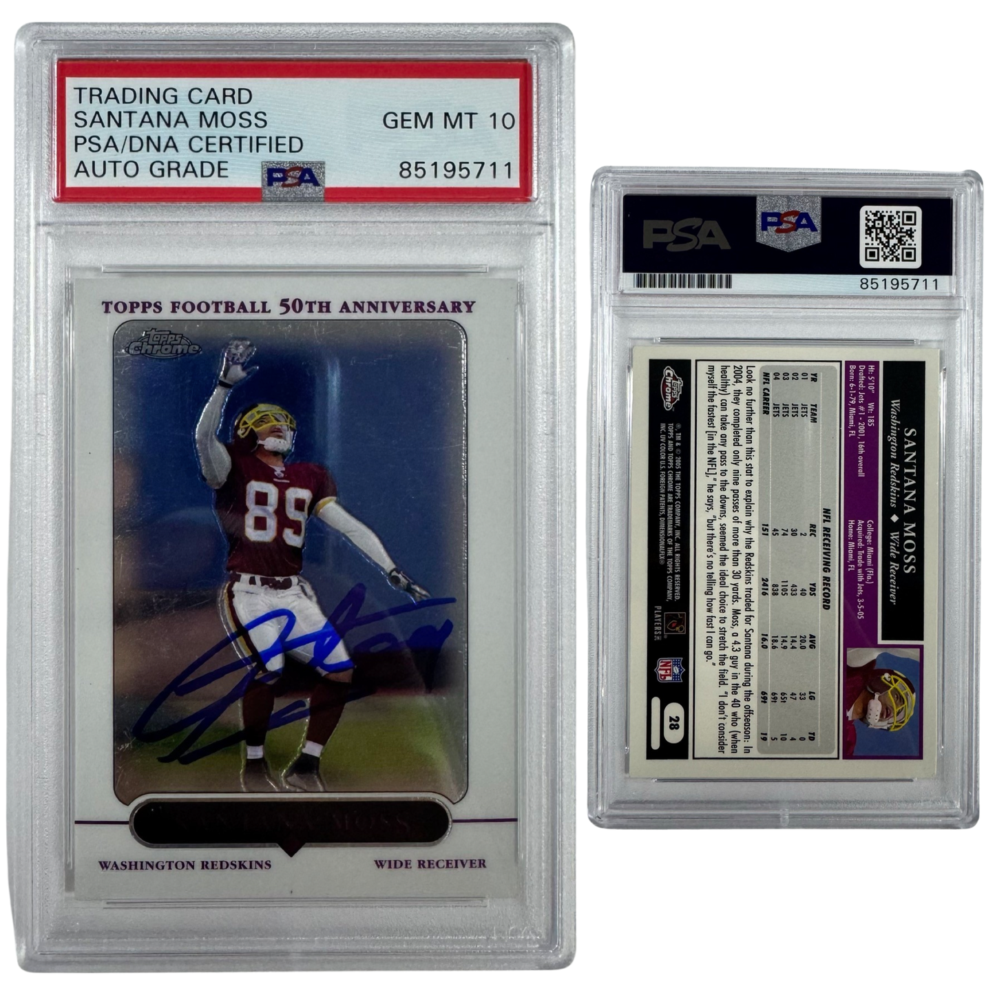 2005 Santana Moss Autographed Topps Chrome 50th Anniversary #28 PSA Auto GEM MT 10