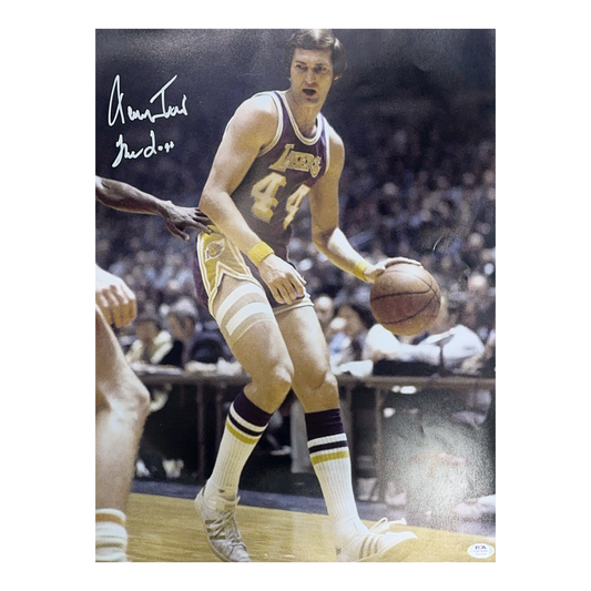 Jerry West Autographed Los Angeles Lakers Purple Jersey Dribble 16x20 The Logo Inscription PSA