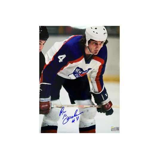 Ron Greschner Autographed New York Rangers Bending Down 8x10 Steiner CX