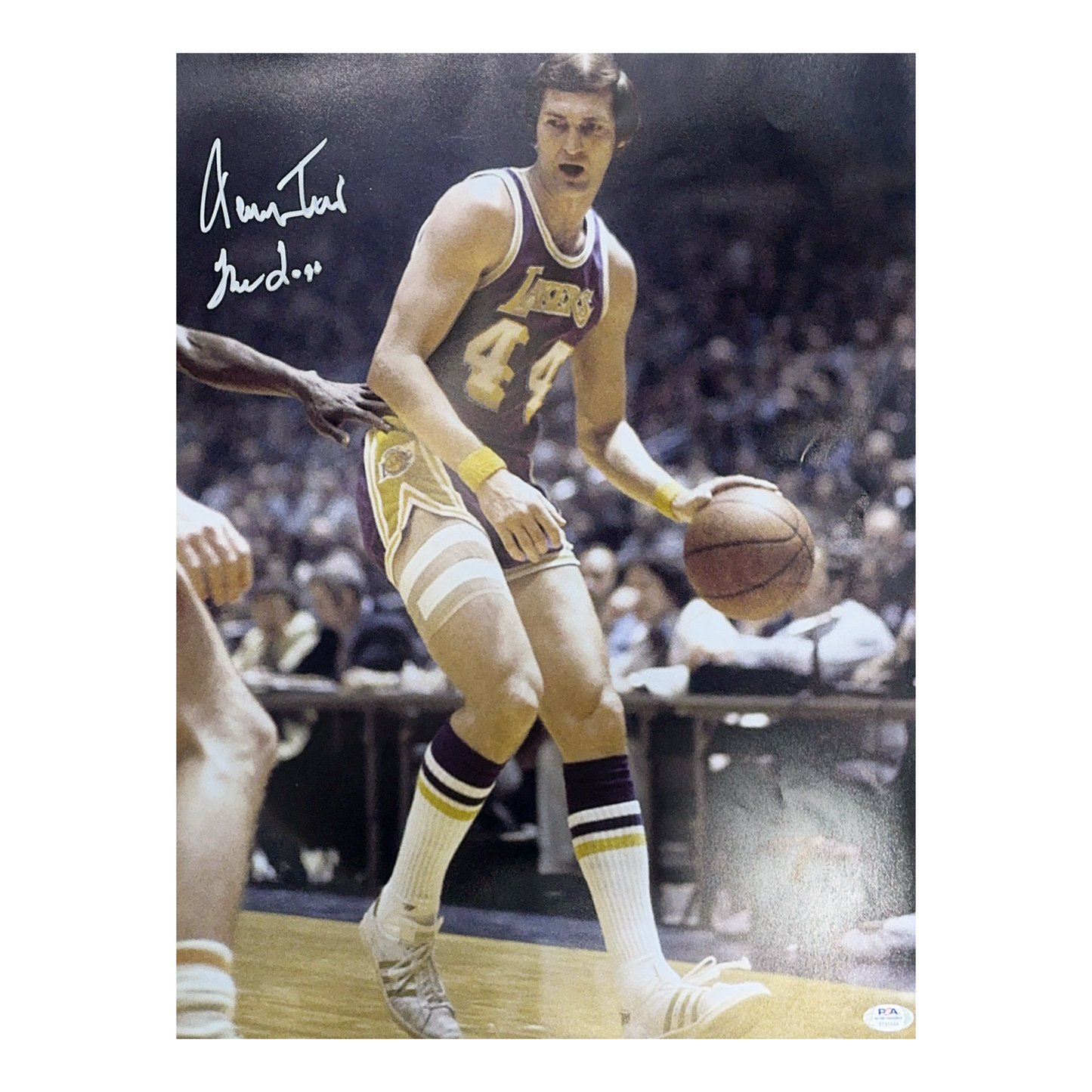 Jerry West Autographed Los Angeles Lakers Purple Jersey Dribble 16x20 “The Logo” Inscription PSA