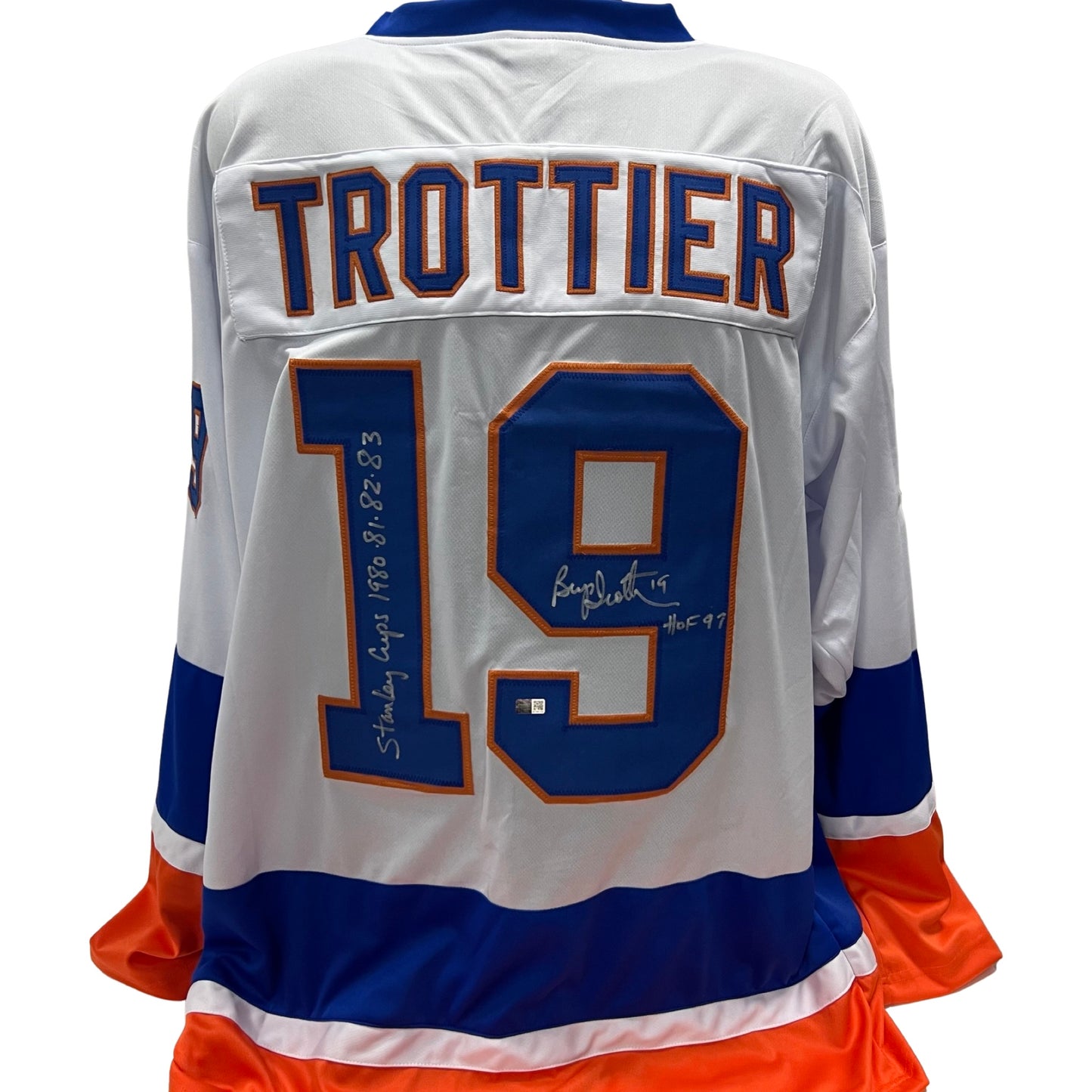 Bryan Trottier Autographed New York Islanders White Jersey "HOF 97, Stanley Cup 1980, 81, 82, 83" Inscriptions Steiner CX