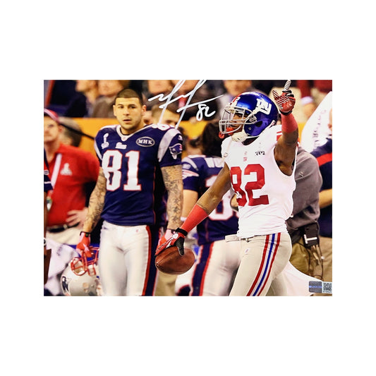 Mario Manningham Autographed New York Giants Super Bowl Catch Celebration Horizontal 8x10 Steiner CX