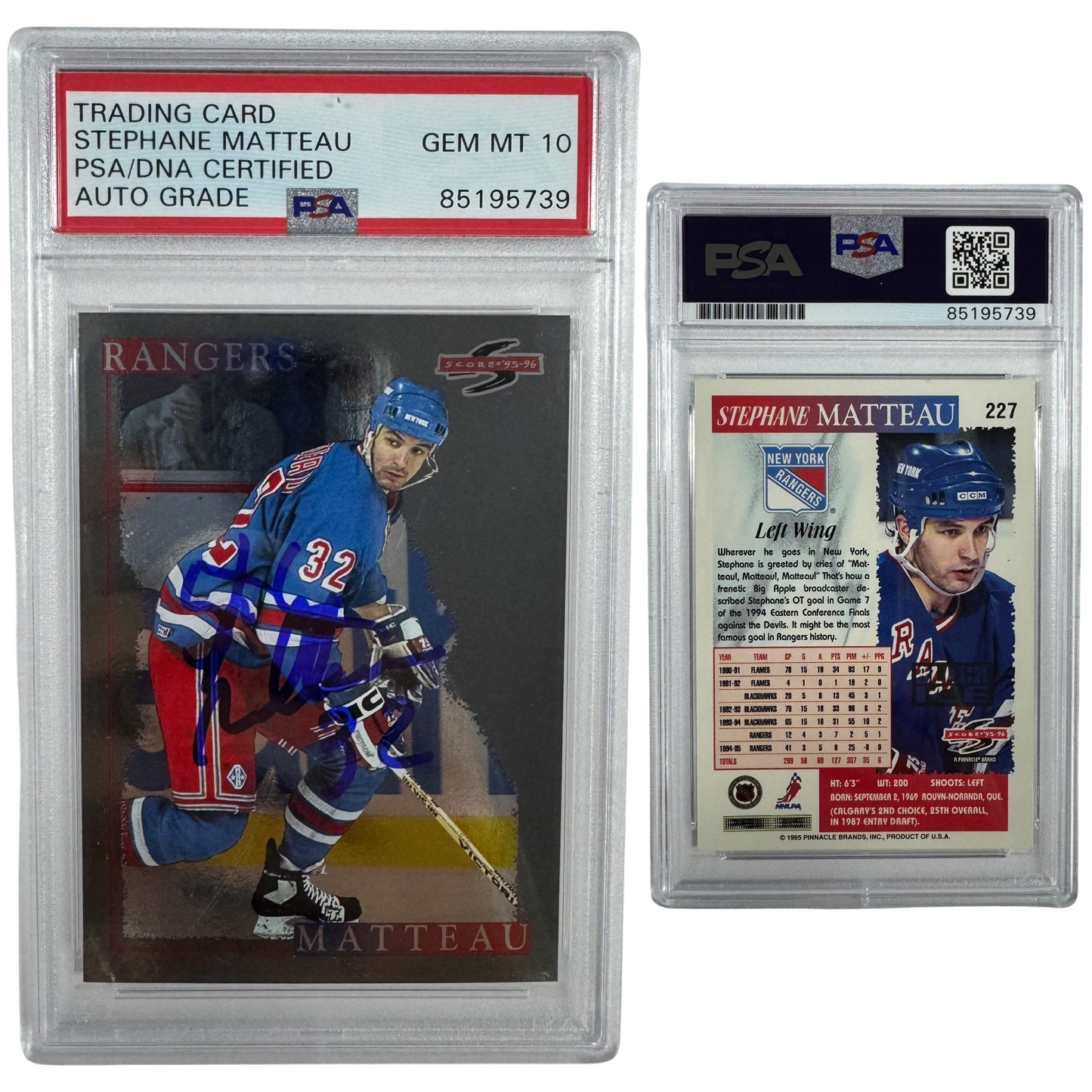 1995-96 Stephane Matteau Autographed Pinnacle Score Black Ice #227 PSA Auto GEM MT 10