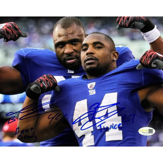 Ahmad Bradshaw & Brandon Jacobs Autographed Beat Brady Flex 8x10 JSA