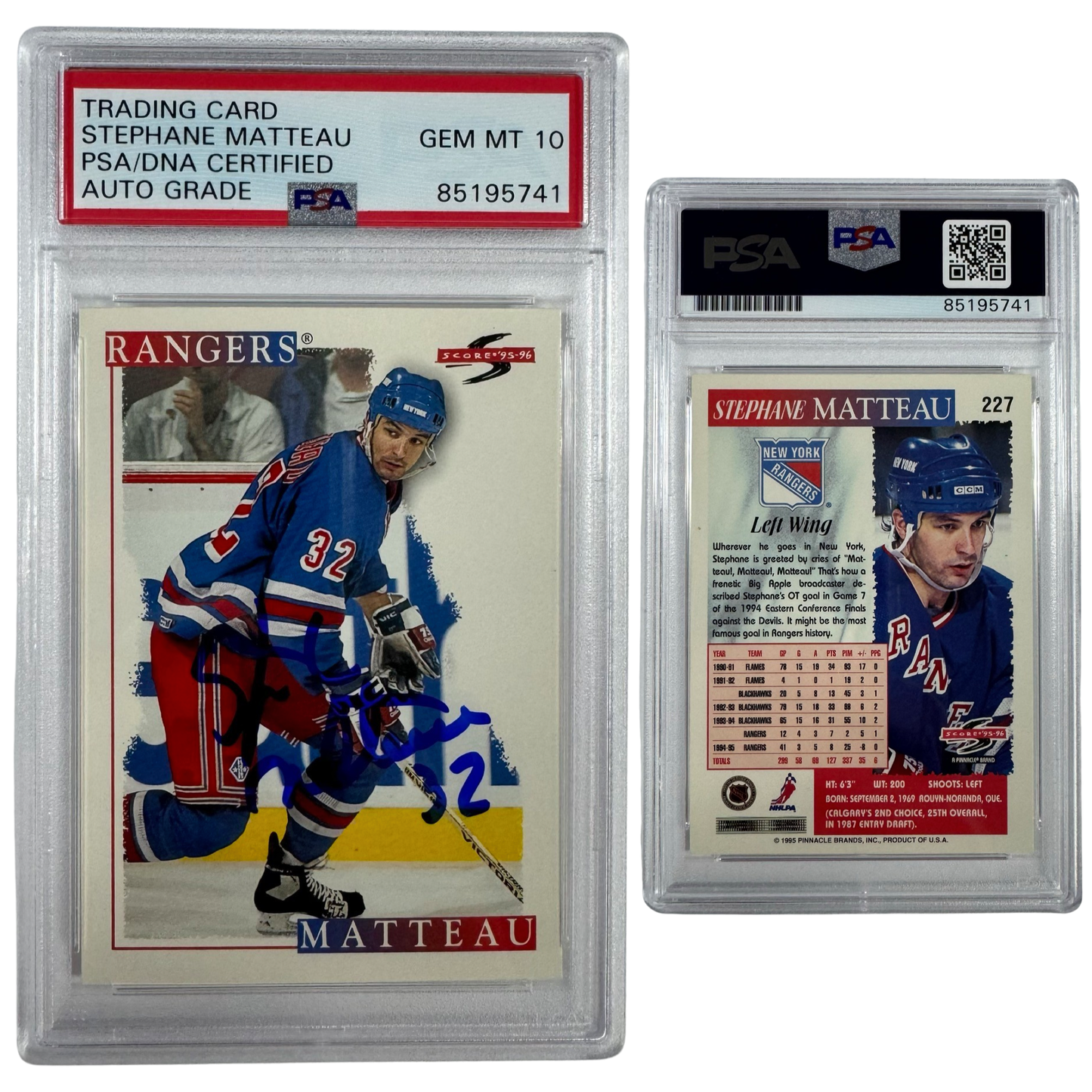 1995-96 Stephane Matteau Autographed Pinnacle Score #227 PSA Auto GEM MT 10