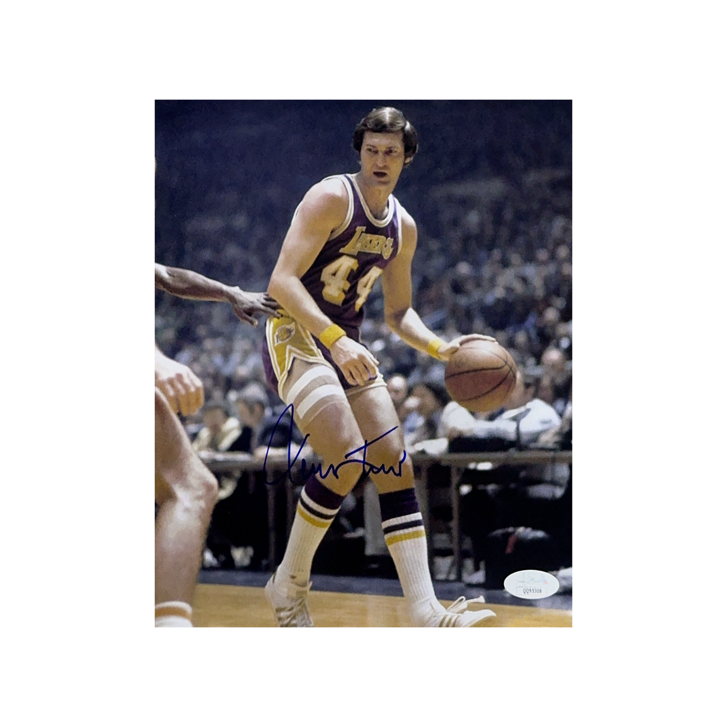 Jerry West Autographed Los Angeles Lakers Purple Jersey Dribble 8x10 JSA