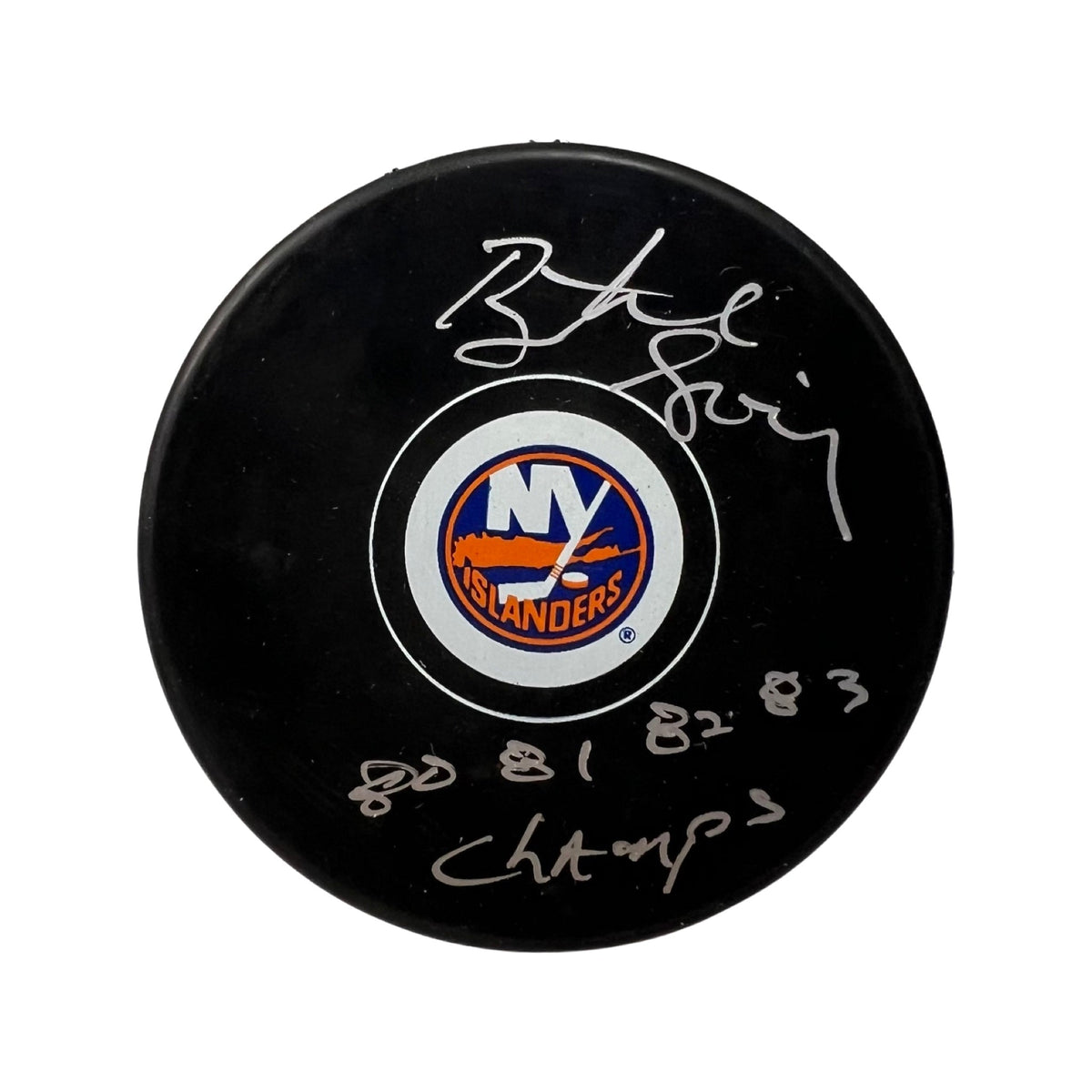 Butch Goring Autographed New York Islanders Replica Puck 80, 81, 82, 83 SC Champs Inscription Steiner CX