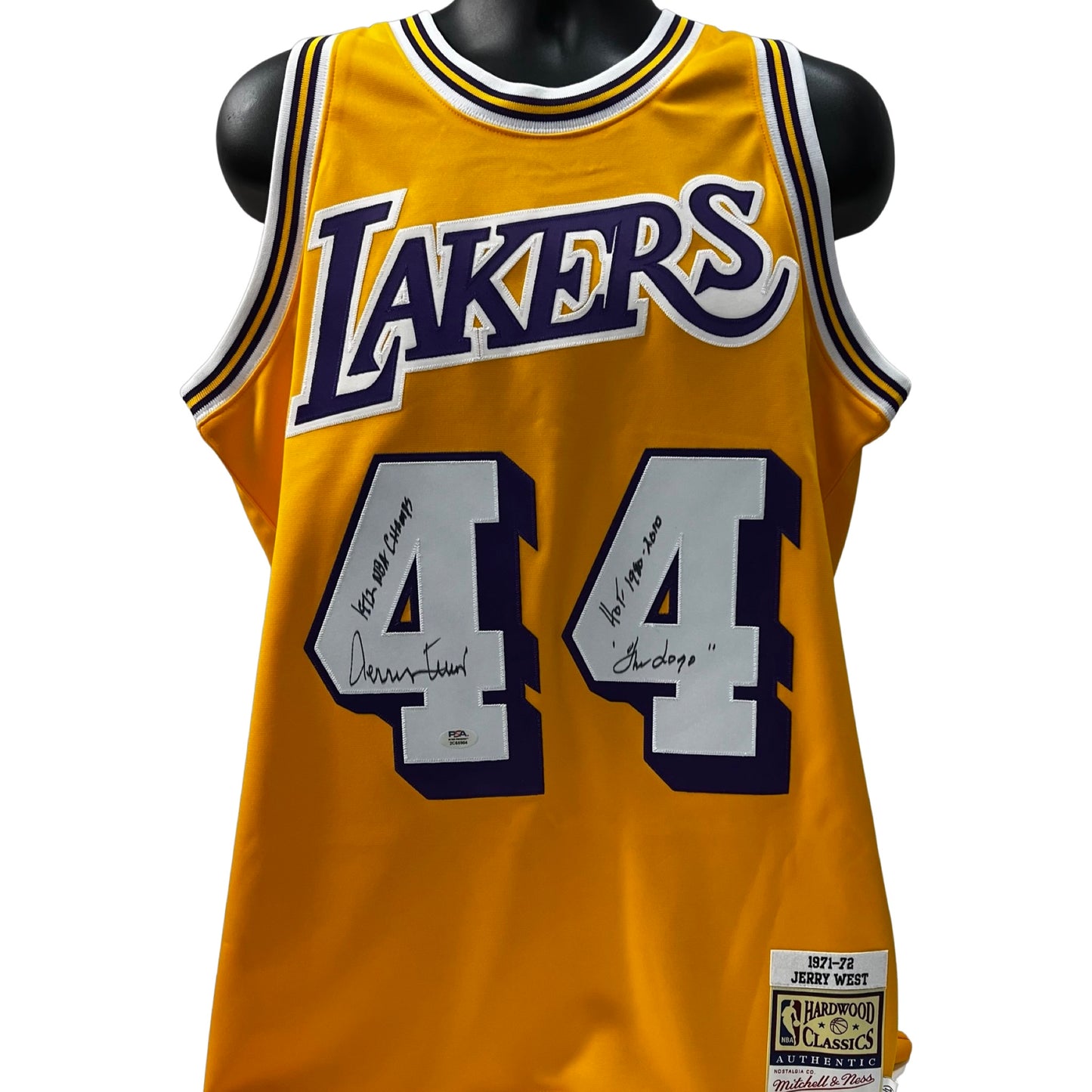 Jerry West Autographed Los Angeles Lakers Mitchell & Ness Authentic Jersey "1972 NBA Champs, HOF 1980-2010 & The Logo" Inscription PSA