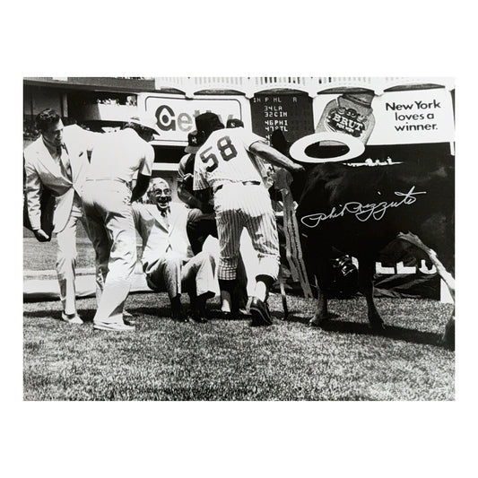 Phil Rizzuto Autographed New York Yankees B&W Cow on Field 16x20 Beckett