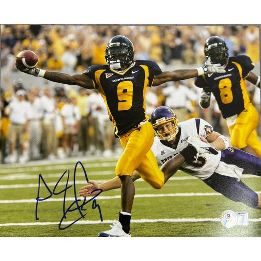 Adam PacMan Jones West Virginia Navy Blue Jersey Celebrating Autograph 8x10 Photo Beckett BAS